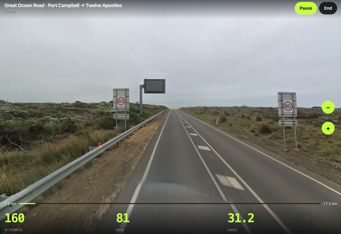 Great Ocean Road indoor cycling in Google Street View with live power, cadence, and speed